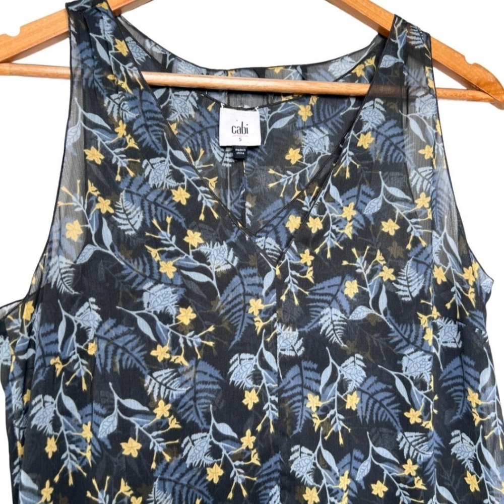 Cabi Navy Floral Leaf Print V Neck Sleeveless Sheer Tunic Tank Top Womens Size S - Picture 3 of 8